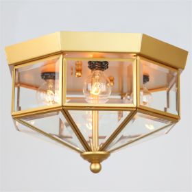 4 Light Industrial Flush Mount Ceiling Light Fixtures Beveled Glass Close to Ceiling Fixtures for Stairway, Hall, Closet, Porches, Bedroom Gold