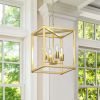 4-Light Gold Farmhouse Chandelier Light Fixture with Caged Metal Shade, Industrial Square Chandelier Light Ideal for Foyer or Entryway