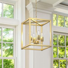 4-Light Gold Farmhouse Chandelier Light Fixture with Caged Metal Shade, Industrial Square Chandelier Light Ideal for Foyer or Entryway