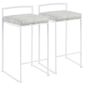 Fuji Contemporary Stackable Counter Stool in White with Light Grey Cowboy Fabric Cushion by LumiSource - Set of 2