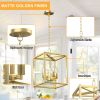 4-Light Gold Farmhouse Chandelier Light Fixture with Caged Metal Shade, Industrial Square Chandelier Light Ideal for Foyer or Entryway